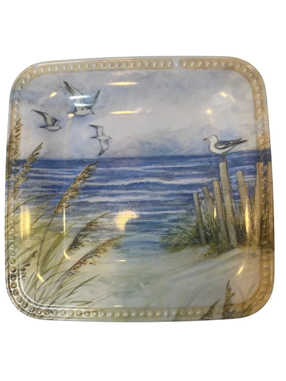 Set Of 10 Keller Charles Melamine Square Plates with Coastal Seagull & Ocean Sce